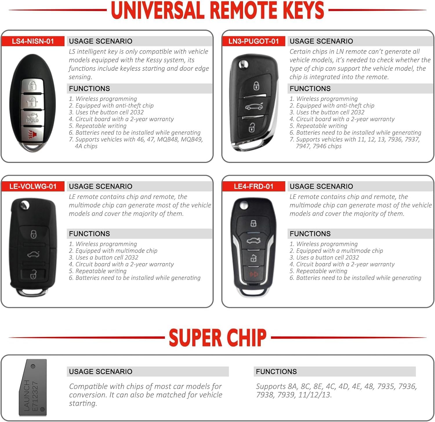 LAUNCH X431 Key Programmer with 4 Universal Remotes & 1 Super Chip – Remote Maker & Immobilizer Tool for X431 IMMO Elite/Pro/Pad.