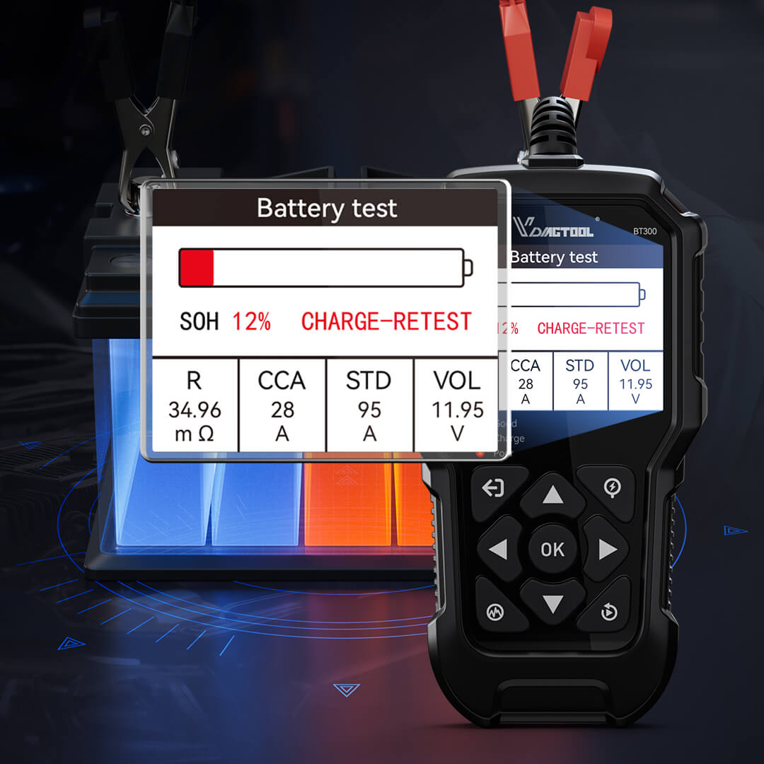 VDIAGTOOL BT300 6V/12V Battery Tester – Load, Cranking, Charging System Analyzer for Cars, Trucks, Motorcycles, Boats & More | 5-3000 CCA Support - ACARTOOL