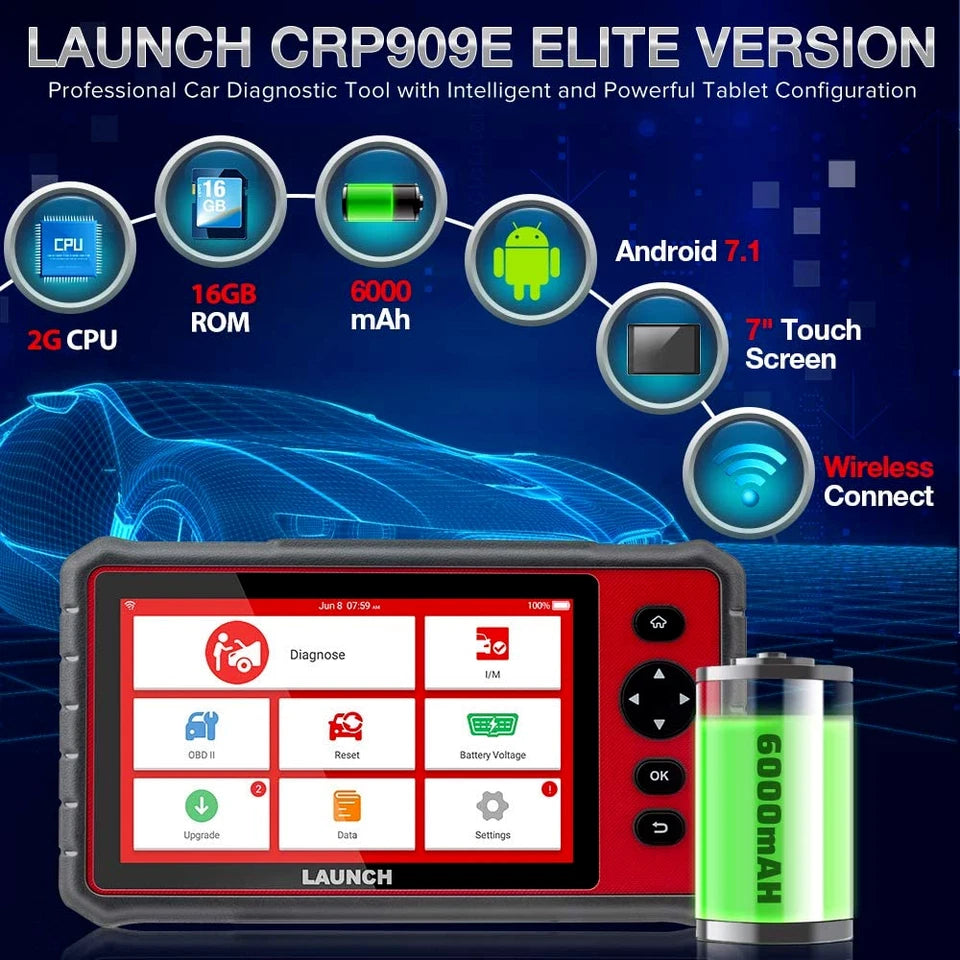 LAUNCH X431 CRP909E OBD2 Scanner – All System Diagnostic Tool with 28+ Reset Services & Live Data | WiFi Update | IMMO | Battery Test.